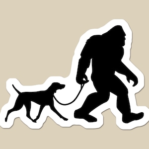 May include: A black silhouette of Bigfoot walking a dog on a leash. The dog is a pointer breed.