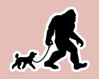 Bigfoot Mini Poodle Dog Walker Waterproof Sticker | Sasquatch and Pet | Water Bottle Sticker | Laptop Sticker | Car Decal