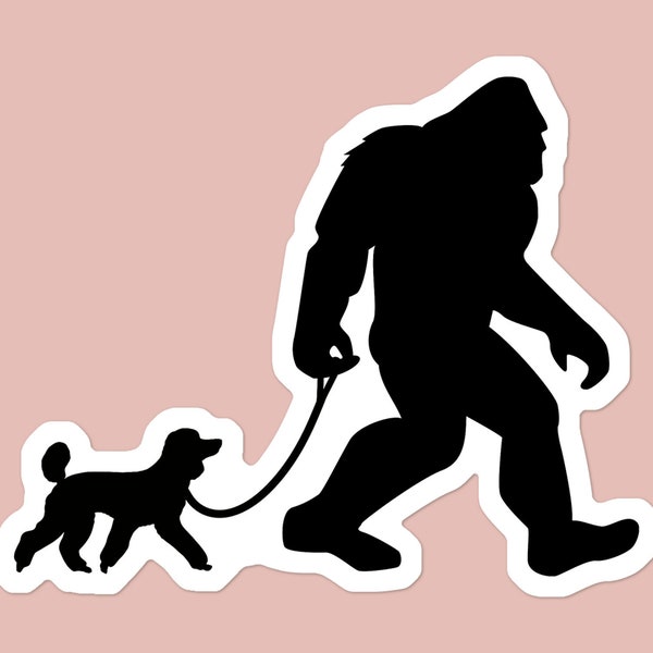 Bigfoot Mini Poodle Dog Walker Waterproof Sticker | Sasquatch and Pet | Water Bottle Sticker | Laptop Sticker | Car Decal