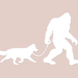 May include: White silhouette of Bigfoot walking a dog on a leash against a light brown background. The dog is a medium-sized breed, and the Bigfoot figure is large and upright.