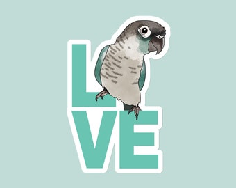 Green Cheek Conure Love Sticker: Waterproof Vinyl Parrot Decal