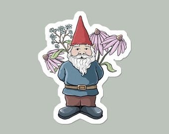 Garden Gnome with Flower Bouquet: Whimsical Sticker for Plant Lovers