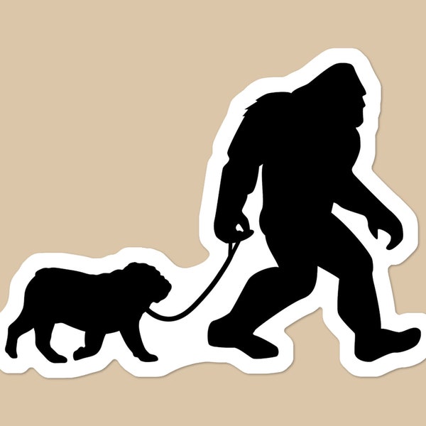 Bigfoot English Bulldog Walker Waterproof Sticker | Sasquatch and Dog | Water Bottle Sticker | Laptop Sticker | Car Decal