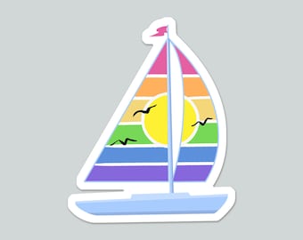 Rainbow Sailboat Vinyl Sticker: Waterproof Laptop Decal
