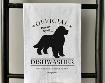 May include: White kitchen towel with a black silhouette of a dog and the text "OFFICIAL Premium Service DISHWASHER NO PRE-RINSE NECESSARY".