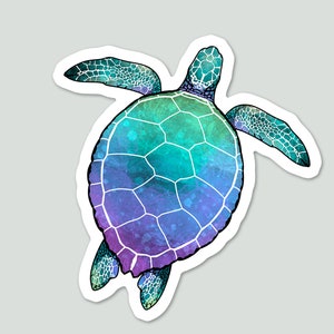 May include: A watercolor-style illustration of a sea turtle with a teal, blue, and purple shell. The turtle is swimming with its flippers outstretched.