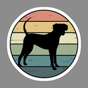 May include: A silhouette of a dog standing in front of a retro-style sunset with a distressed woodgrain texture.