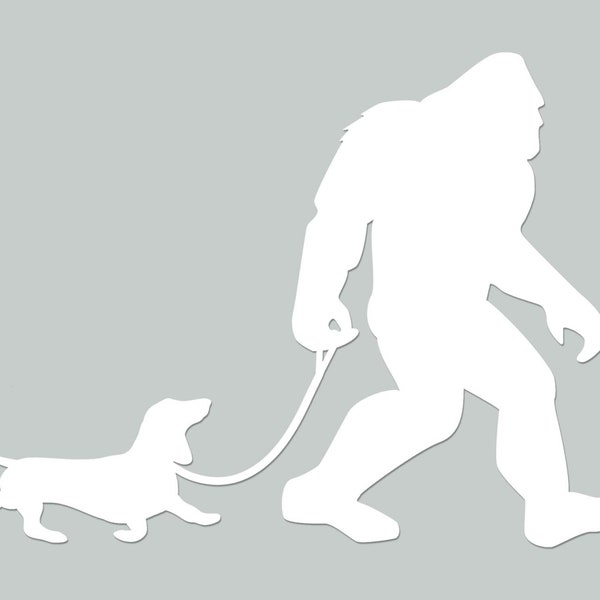 Bigfoot Dog Walker with Dachshund Car Truck Window Decal | Sasquatch and Pet Laptop, Water Bottle Sticker