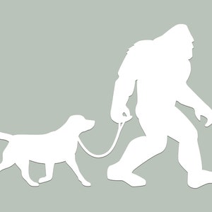Bigfoot Dog Walker with Labrador Retriever Car Truck Window Decal | Sasquatch and Pet Laptop, Water Bottle Sticker