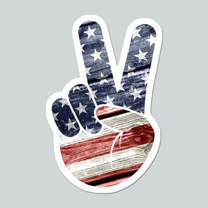 Patriotic Peace Sign Hand with Rustic American Flag Laptop Sticker | Water Bottle and Vehicle Sticker