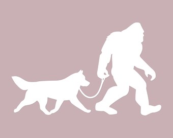Bigfoot Dog Walker Decal: Sasquatch & Siberian Husky Car Sticker