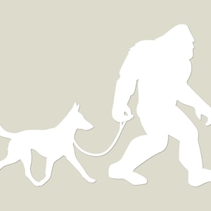 Bigfoot Dog Walker with Belgian Malinois Shepherd Car Truck Window Decal | Sasquatch and Pet Laptop, Water Bottle Sticker