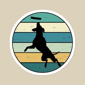 May include: A silhouette of a dog jumping to catch a frisbee in front of a retro-style sunset with blue, green, yellow, and orange stripes.