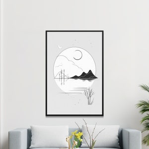Umarme die Ruhe mit minimalistischen Line Art: Digitale Poster mit ruhigen Naturszenen, Berg am See