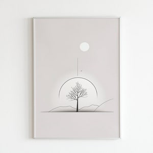 Umfassen Sie die Ruhe mit minimalistischen Line Art: Digitale Poster mit ruhigen Naturszenen und strahlendem Baum