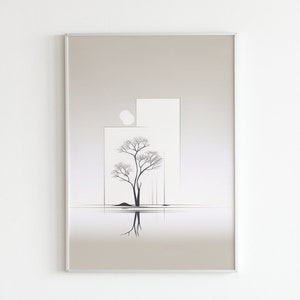 Umfassen Sie die Ruhe mit minimalistischen Line Art: Digitale Poster mit ruhigen Naturszenen und Baumspiegelung