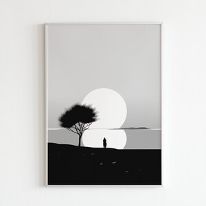Umfassen Sie die Ruhe mit minimalistischen Line Art: Digitale Poster mit ruhigen Naturszenen am See bei Sonnenuntergang