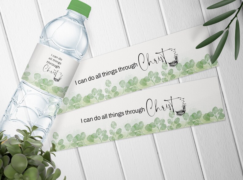 All Things Through Christ Water Bottle Labels, Faith and Strength Décor
