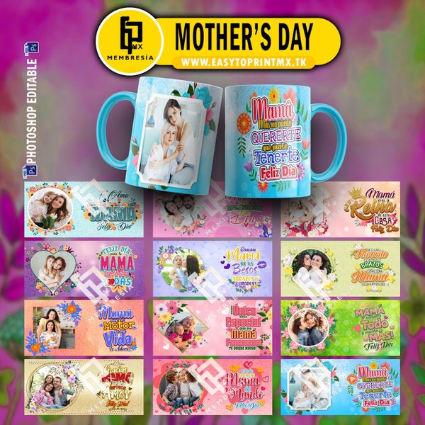 12 Mother's day mug template PSD Designs for Sublimation Printing Happy Mothers Day Mug | 12 plantillas dia de las madres editables PSD