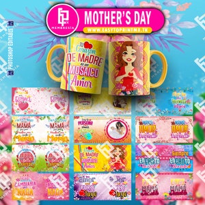 12 Mother&#39;s Day mug templates PSD with Spanish phrases | Editable Mother&#39;s Day mug templates PSD