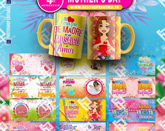 12 Mother's day mug templates PSD with spanish phrases| Plantillas para tazas dia de las madres PSD editables