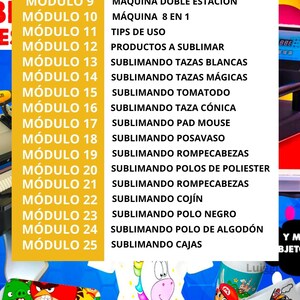 以下が含まれることがあります： 「Módulo 8」から「Módulo 25」までのテキストと、マグカップ、Tシャツ、枕など、昇華製品の説明が書かれたカラフルなチャート。チャートは、ユニコーンのデザインのTシャツ、マリオのデザインのマグカップ、アングリーバードのデザインの枕など、昇華製品の画像で囲まれています。