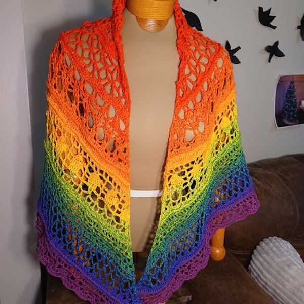 Made to order - RAINBOW triangle shawl - crochet- cotton blend - cozy - fun - ombre