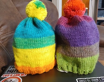 Rainbow Pom Pom Hand Knit Hat - custom - choose your color  - choose your poof