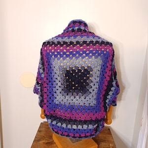 CLEARANCE - Blue Purple Gray Black Granny Square Shrug - Variegated - blue - warm - acrylic - fuzzy