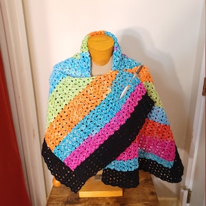 READY TO SHIP - Bright rainbow shawl black border - crochet- stripes - acrylic - cozy - fun