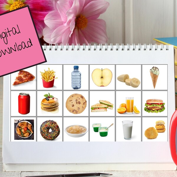 Digital Download 54 Food PECS| Food cards, 3x3, instant download food pictures, realistic food, real food, PECS, PDF, picture exchange