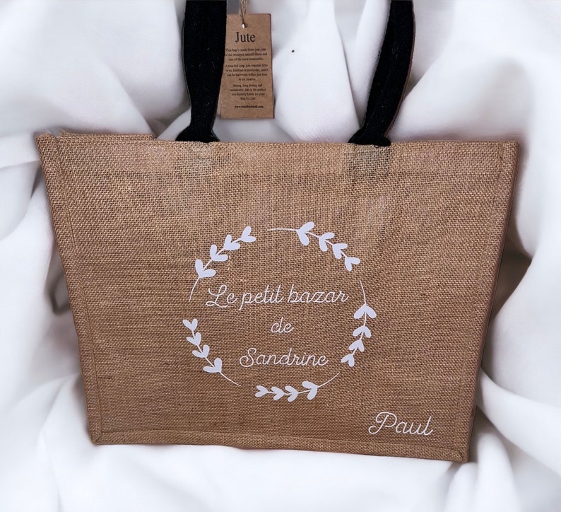 Sac en toile de jute personnalisé/idée cadeau anniversaire, Saint-Valentin, mariage, naissance,nounou,mamie, tata, mari, maman, homme, femme image 6