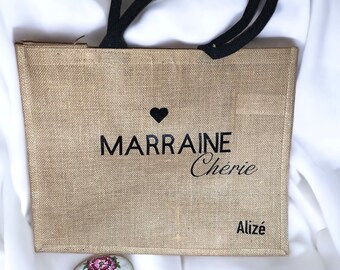 Sac en toile de jute personnalisé/idée cadeau anniversaire, Saint-Valentin, mariage, naissance,nounou,mamie, tata, mari, maman, homme, femme