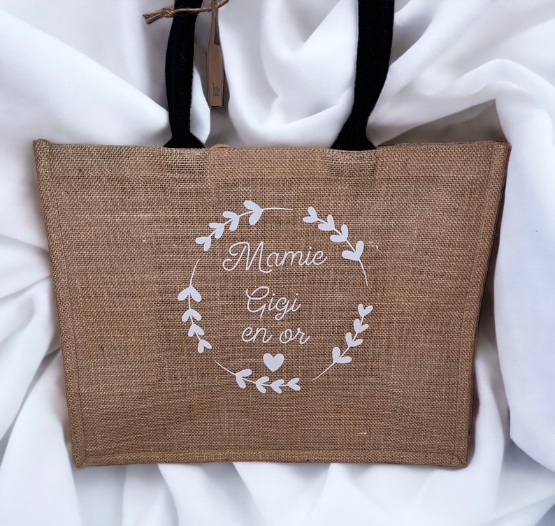 Sac en toile de jute personnalisé/idée cadeau anniversaire, Saint-Valentin, mariage, naissance,nounou,mamie, tata, mari, maman, homme, femme image 3