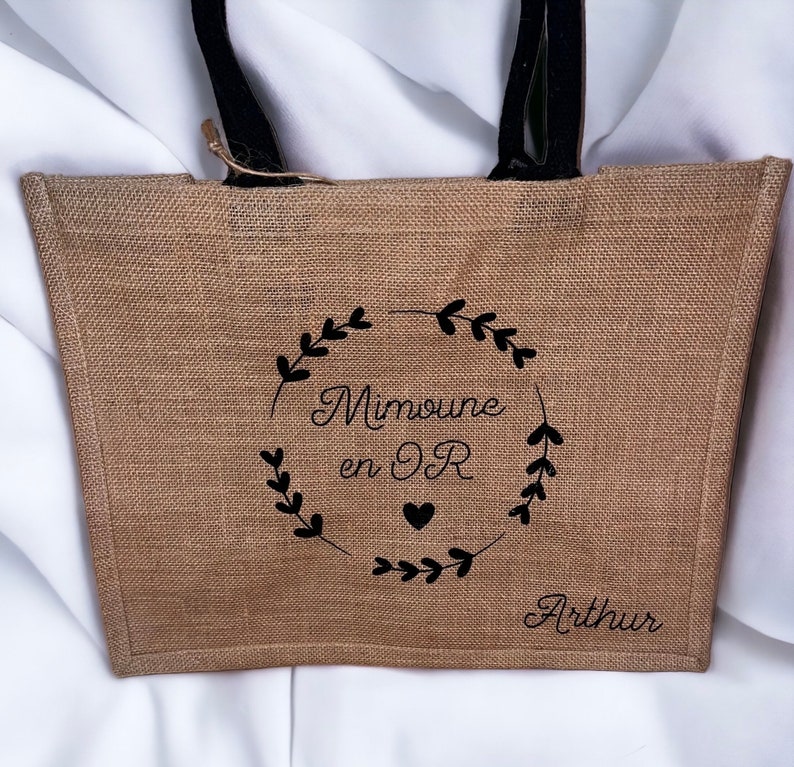 Sac en toile de jute personnalisé/idée cadeau anniversaire, Saint-Valentin, mariage, naissance,nounou,mamie, tata, mari, maman, homme, femme image 4