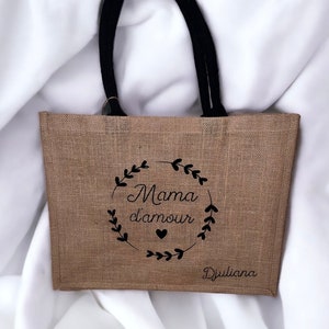 Sac en toile de jute personnalisé/idée cadeau anniversaire, Saint-Valentin, mariage, naissance,nounou,mamie, tata, mari, maman, homme, femme image 1