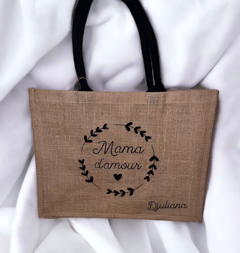 Sac en toile de jute personnalisé/idée cadeau anniversaire, Saint-Valentin, mariage, naissance,nounou,mamie, tata, mari, maman, homme, femme image 1