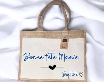 Sac en toile de jute personnalisé/idée cadeau anniversaire, Saint-Valentin, mariage, naissance,nounou,mamie, tata, mari, maman, homme, femme