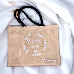 Sac en toile de jute personnalisé/idée cadeau anniversaire, Saint-Valentin, mariage, naissance,nounou,mamie, tata, mari, maman, homme, femme image 2