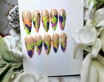 Uñas postizas de aguja abstractas neón / Arte pintado a mano estilo safari Y2K