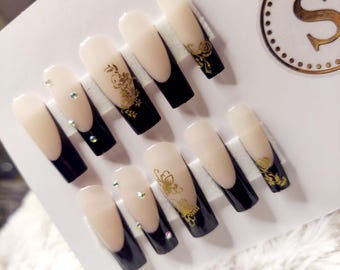 Uñas francesas negras cuadradas largas a presión / Uñas con detalles dorados / Juego de lujo reutilizable