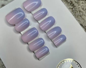 Uñas postizas cuadradas cortas con degradado / Morado claro a rosa / Talla grande / Reutilizables