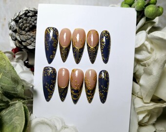 Realeza de Medianoche: Uñas postizas de lujo en gris oscuro y dorado