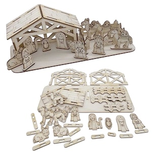 Christmas crib made of birch plywood Wooden craft set - nativity scene, nativity figures to paint
