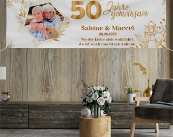 Personalized banner for a golden wedding anniversary with photo, names, date, and custom text - 50 years together - 225 x 75 cm or 150 x 50 cm [AA-2023-110]