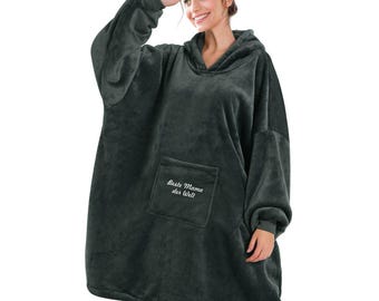 Personalized Hoodie Blanket for Women - Warm Blanket with Sleeves and Hood - Personalized Gift with Gift Packaging - Anthracite