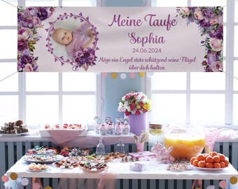 Baptism / Communion Banner Personalized with Photo and Desired Name - Purple Flowers [AA-2024-151]