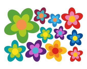 Stickerset met hippiebloemen, 13 stuks in diverse maten, kleurrijke flower power stickers, bumperstickers, decoratieve stickers voor laptop of muur