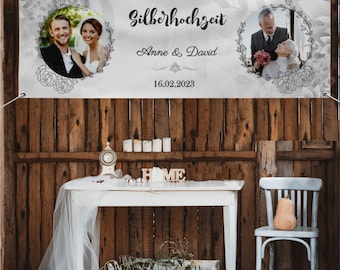 Personalized wedding banner with photos, names, date, and custom text - Silver Wedding Anniversary - 225 x 75 cm or 150 x 50 cm [AA-2023-112]