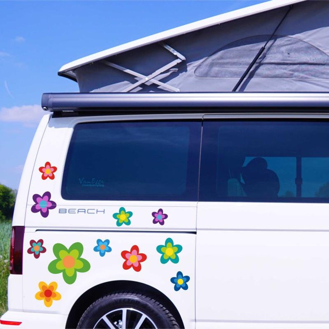 Autocollants Fleurs Hippie Pour Voiture - 2 Stickers Vinyle, Résistants Aux UV - Décoration Surface Lisse